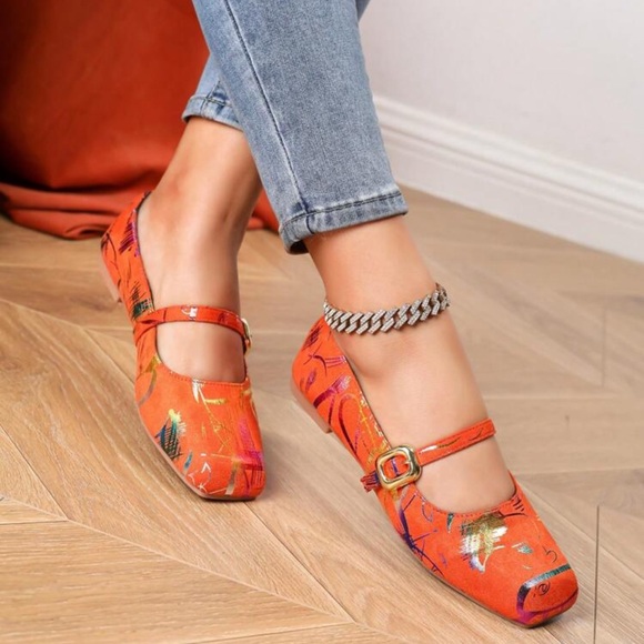 Stylish Orange Mary Jane Flats shoes - Picture 3 of 5